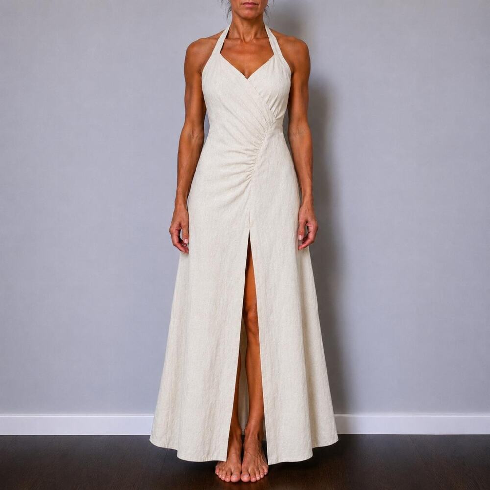 Zara Dainty Cream Linen Blend Halter Beachy Coastal Maxi Dress Size Small